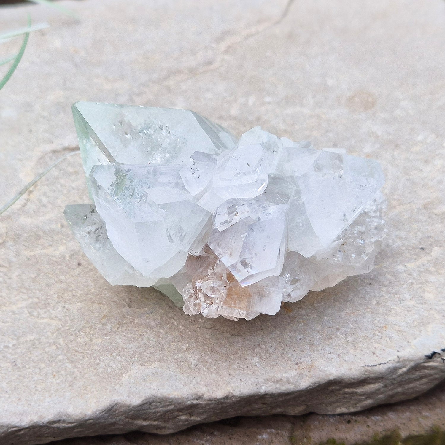 Apophyllite Crystal Cluster From India. Great quality crystal clear Apophyllite crystal formations in this cluster, the larger point has a light green 'tint' to it