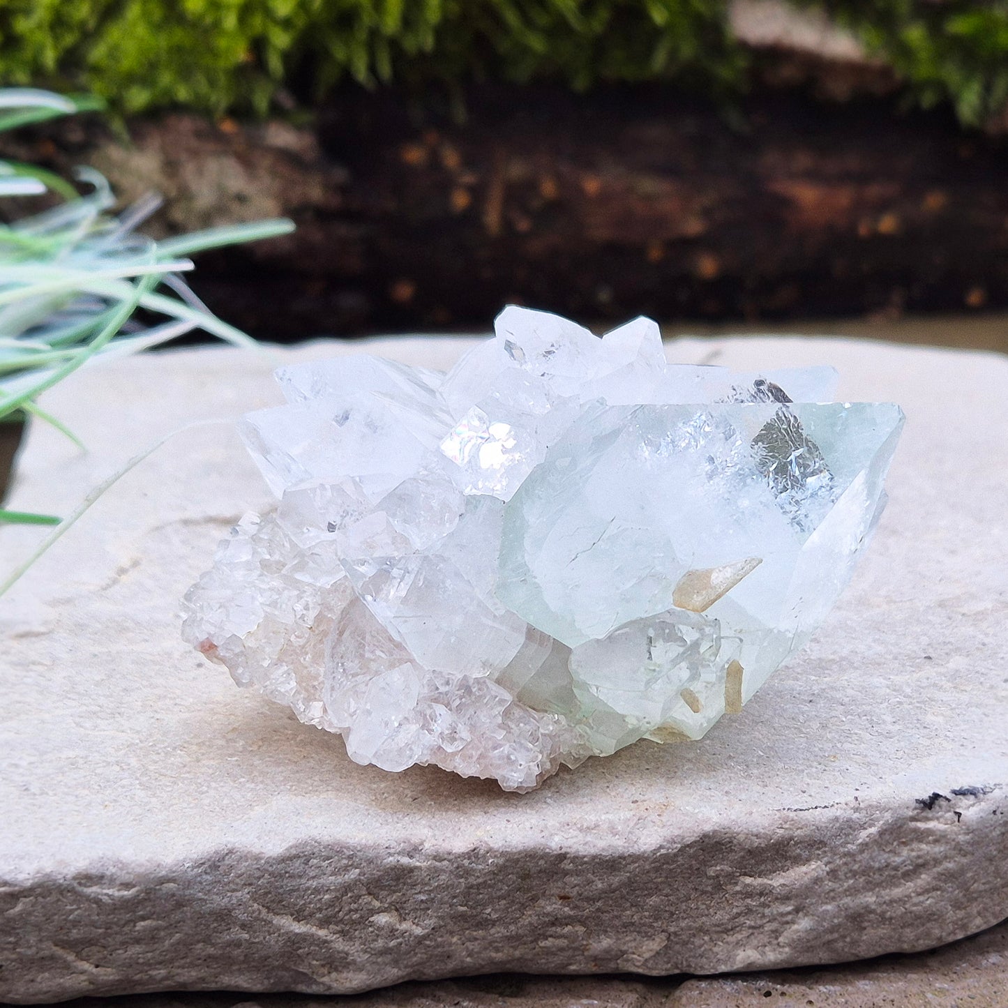 Apophyllite Crystal Cluster From India. Great quality crystal clear Apophyllite crystal formations in this cluster, the larger point has a light green 'tint' to it