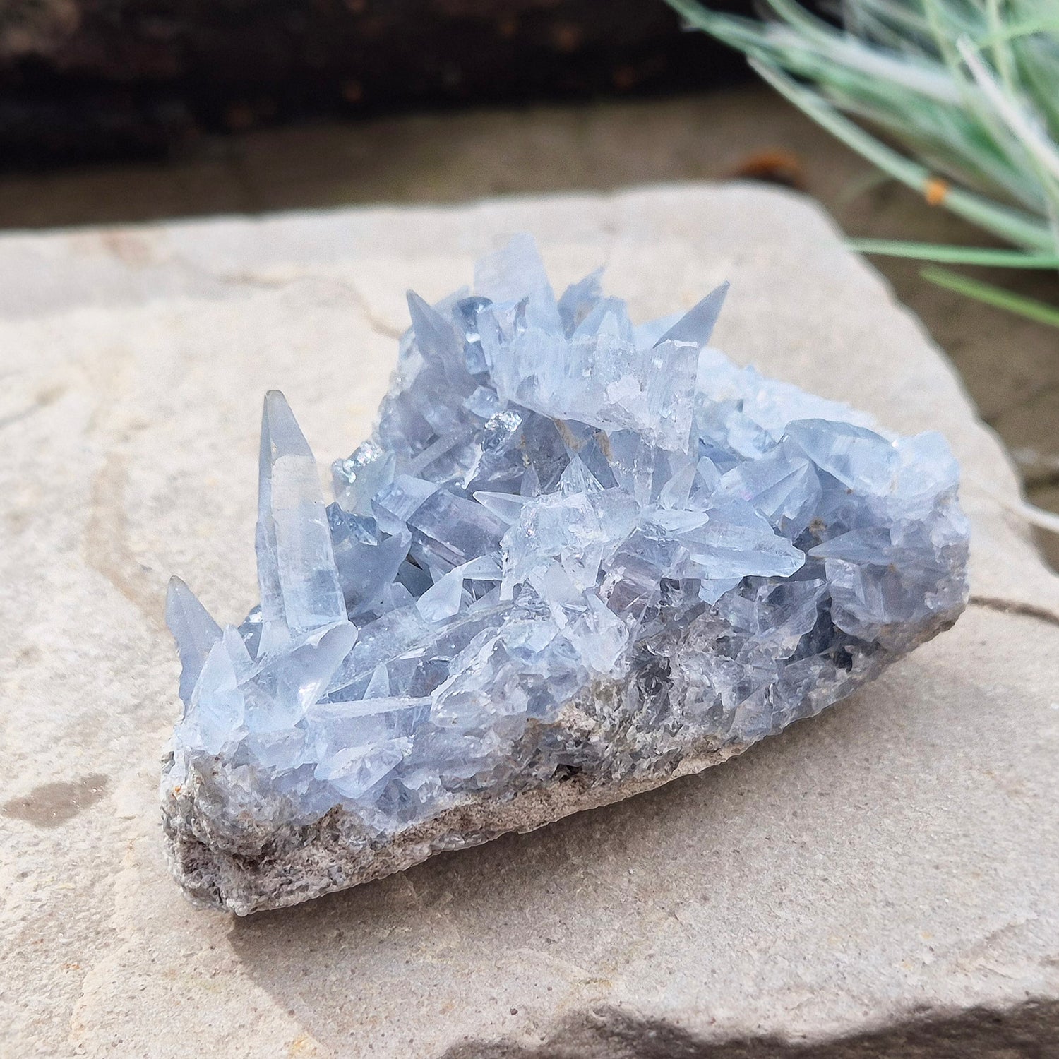 Celestite Crystal Cluster from Madagascar. This cluster has lovely sparkling pale ice blue celestite crystals on its base matrix