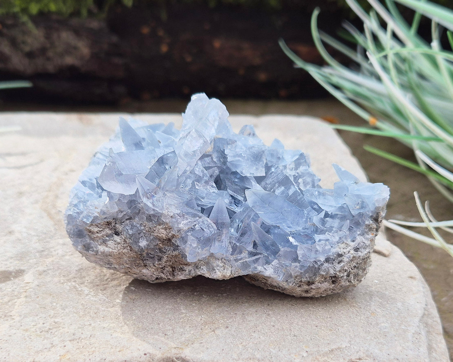 Celestite Crystal Cluster from Madagascar. This cluster has lovely sparkling pale ice blue celestite crystals on its base matrix