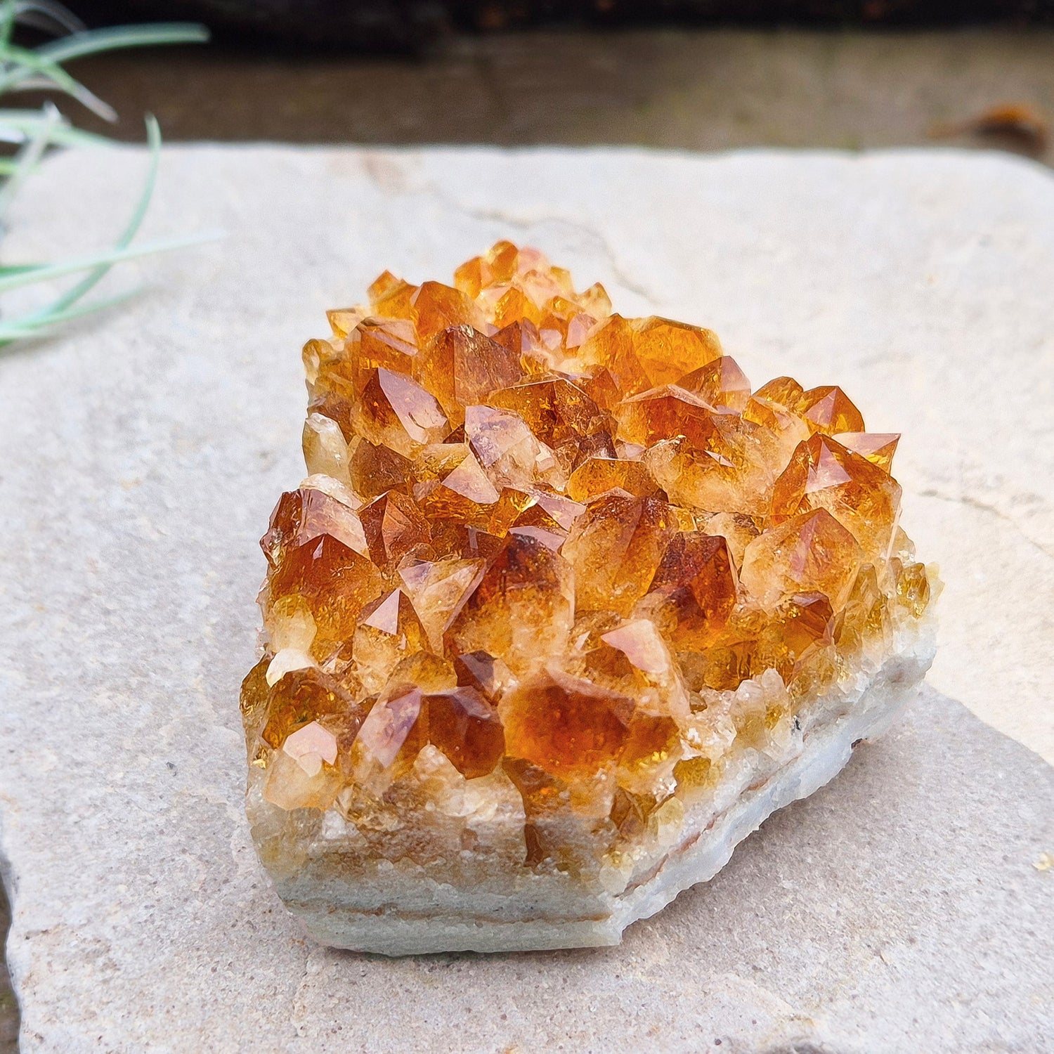 Citrine Crystal Cluster, Natural. From Brazil. Wonderful mid tone orange points on an even base which is even enough to sit on a flat surface.