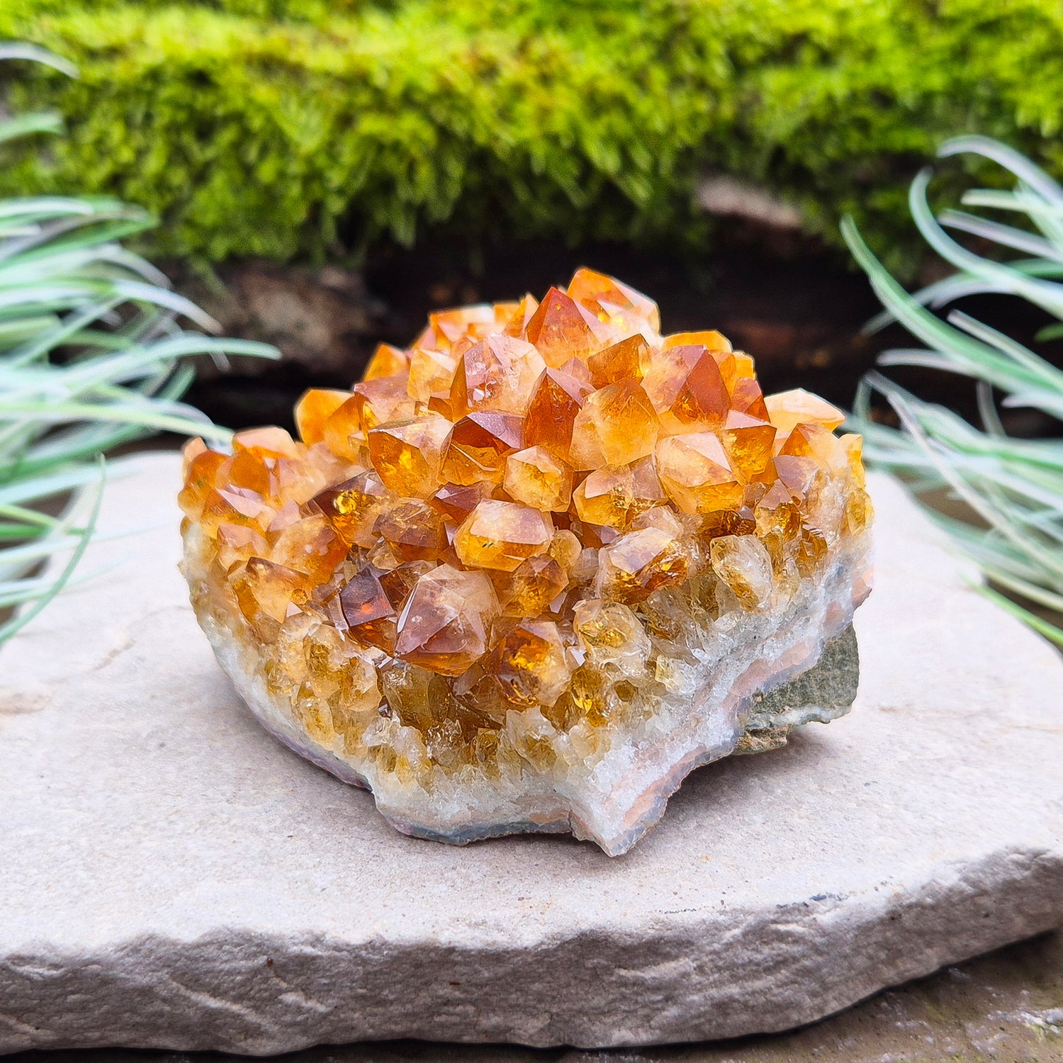 Citrine Crystal Cluster, Natural. From Brazil. Wonderful mid tone orange points on slightly curved base, will sit on an even surface.