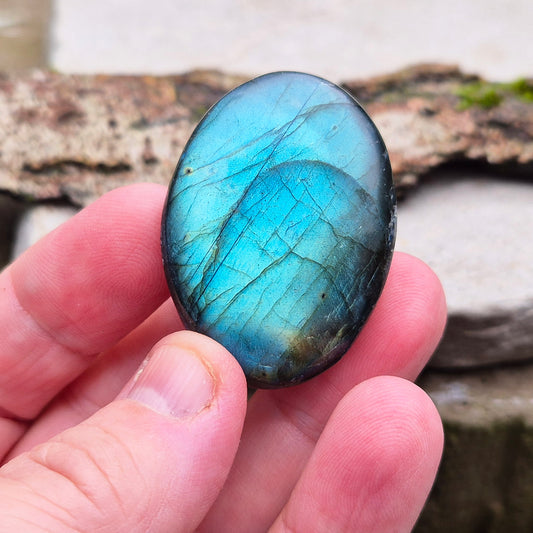 Labradorite Crystal Palm Stone, Blue Flashes of colour