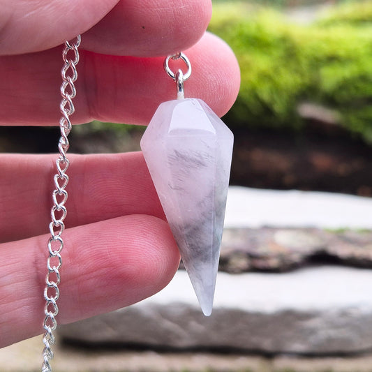 Lunar Quartz Crystal Pendulum or Lunar Rose Quartz Crystal. Is from one source in Namibia.