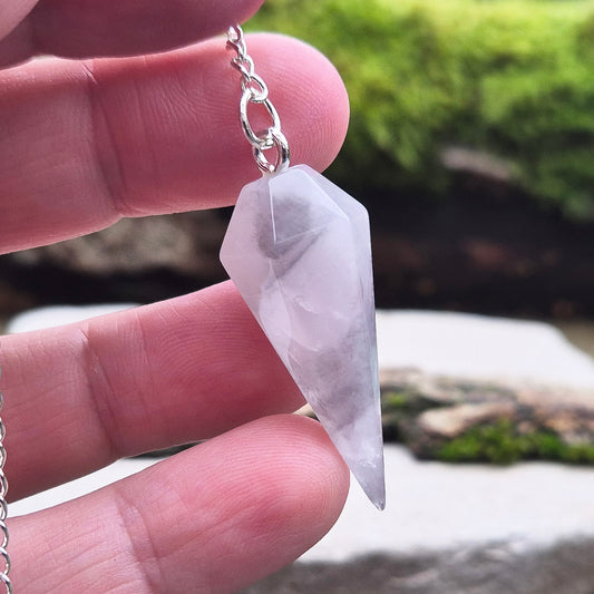 Lunar Quartz Crystal Pendulum or Lunar Rose Quartz Crystal. Is from one source in Namibia. 