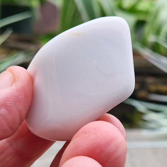 Smooth, milky-white Bohemian Cacholong Opal from the Czech Republic with a soft, pearly sheen, valued for its calming energy and rarity. Its creamy color with hints of gray promotes serenity, balance, and emotional healing.