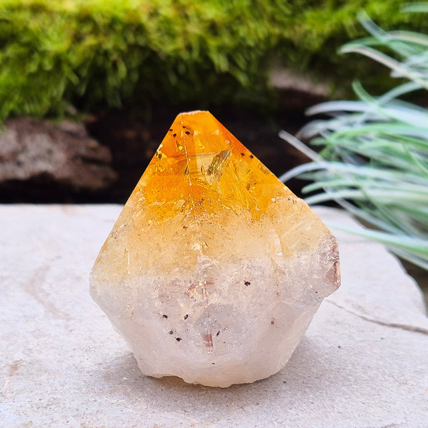 Citrine Crystal Standing Point from Brazil. Has light reflecting inclusions at the tip. 