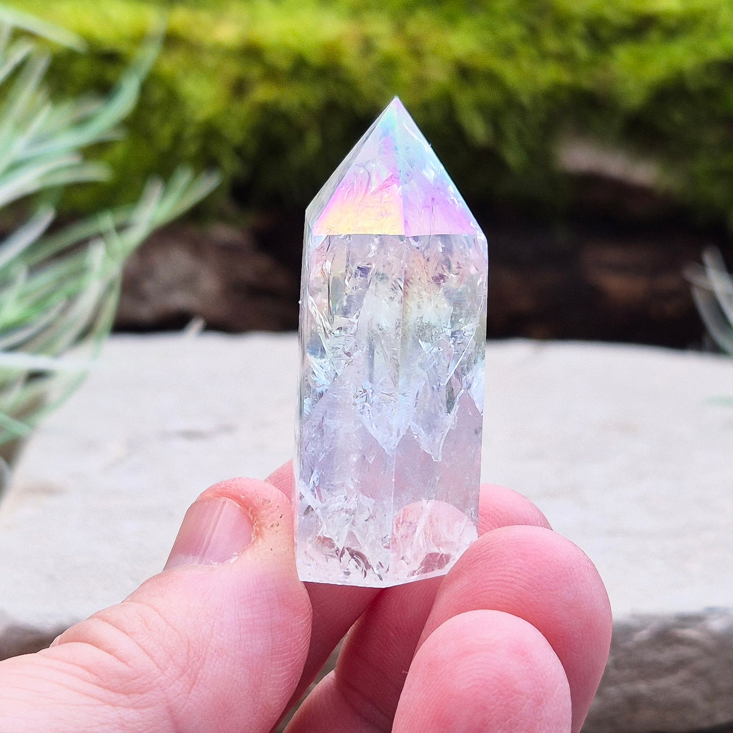 Aura Fire and Ice Quartz Polished Standing Point and also known as Unicorn Horns, Angel Aura Fire and Ice and Rainbow Quartz. 