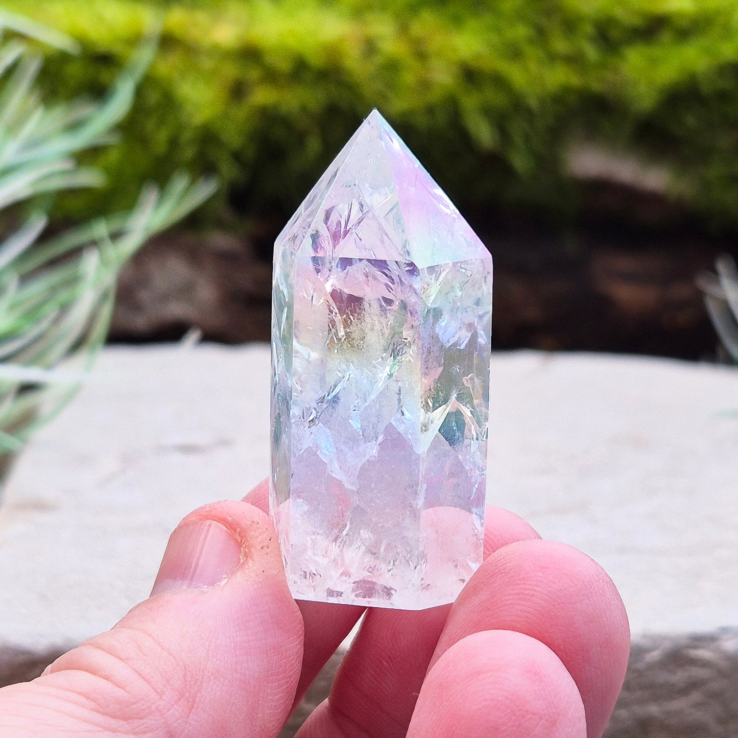 Aura Fire and Ice Quartz Polished Standing Point and also known as Unicorn Horns, Angel Aura Fire and Ice and Rainbow Quartz. 