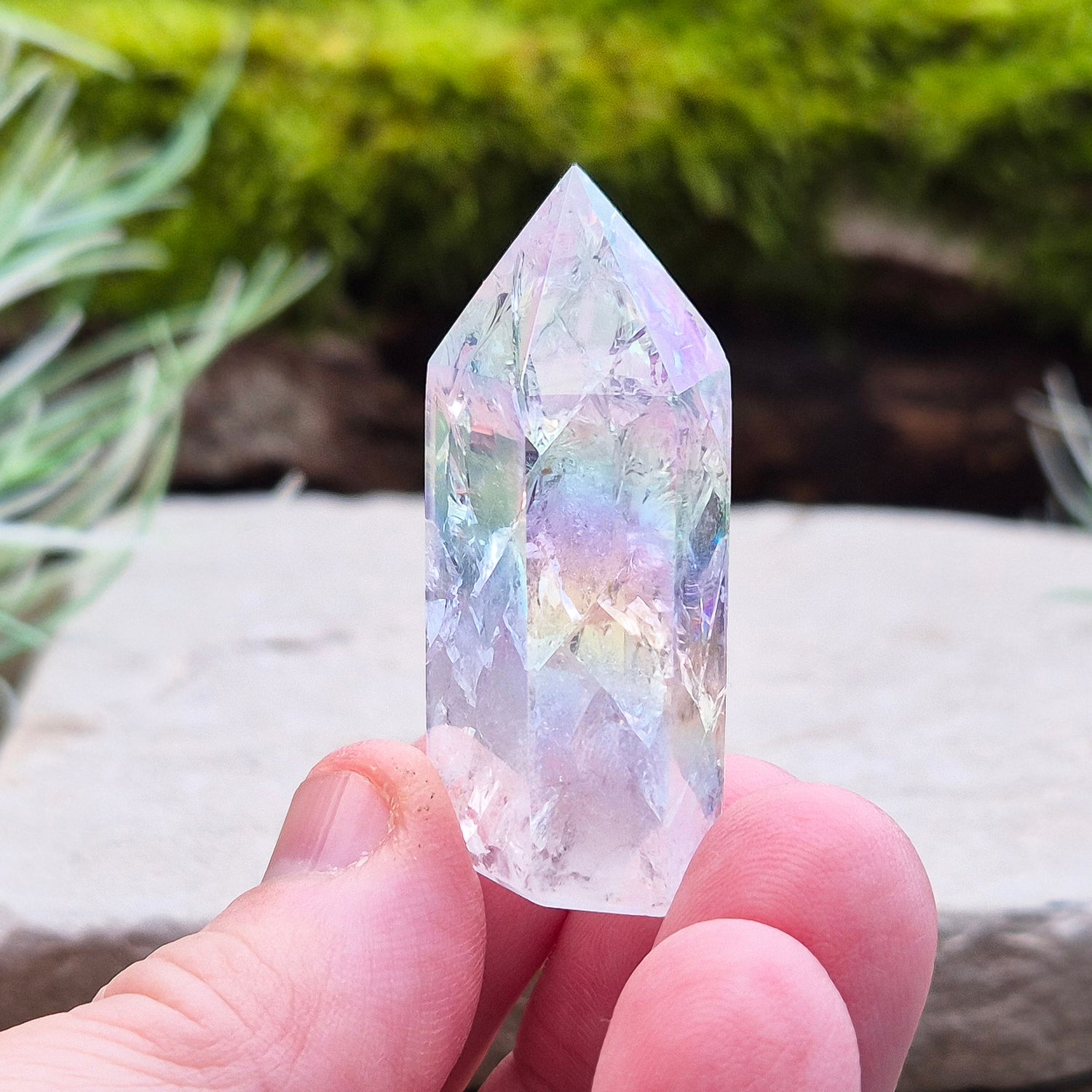 Aura Fire and Ice Quartz Polished Standing Point and also known as Unicorn Horns, Angel Aura Fire and Ice and Rainbow Quartz. 