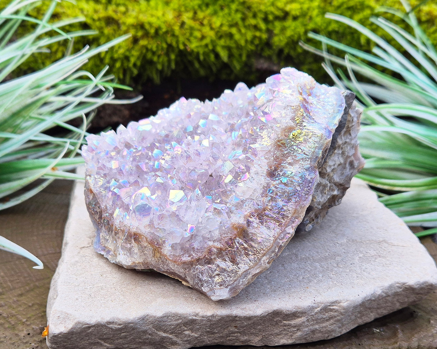 Sparkling Angel Aura Amethyst Crystal Cluster from Brazil. Base is curved but will sit on a flat surace.