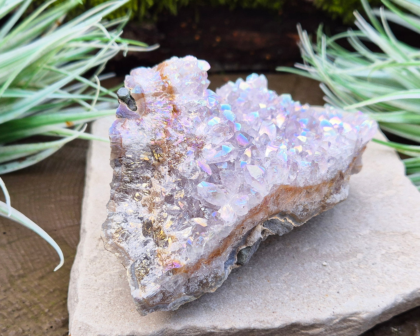 Sparkling Angel Aura Amethyst Crystal Cluster from Brazil. Base is curved but will sit on a flat surace.