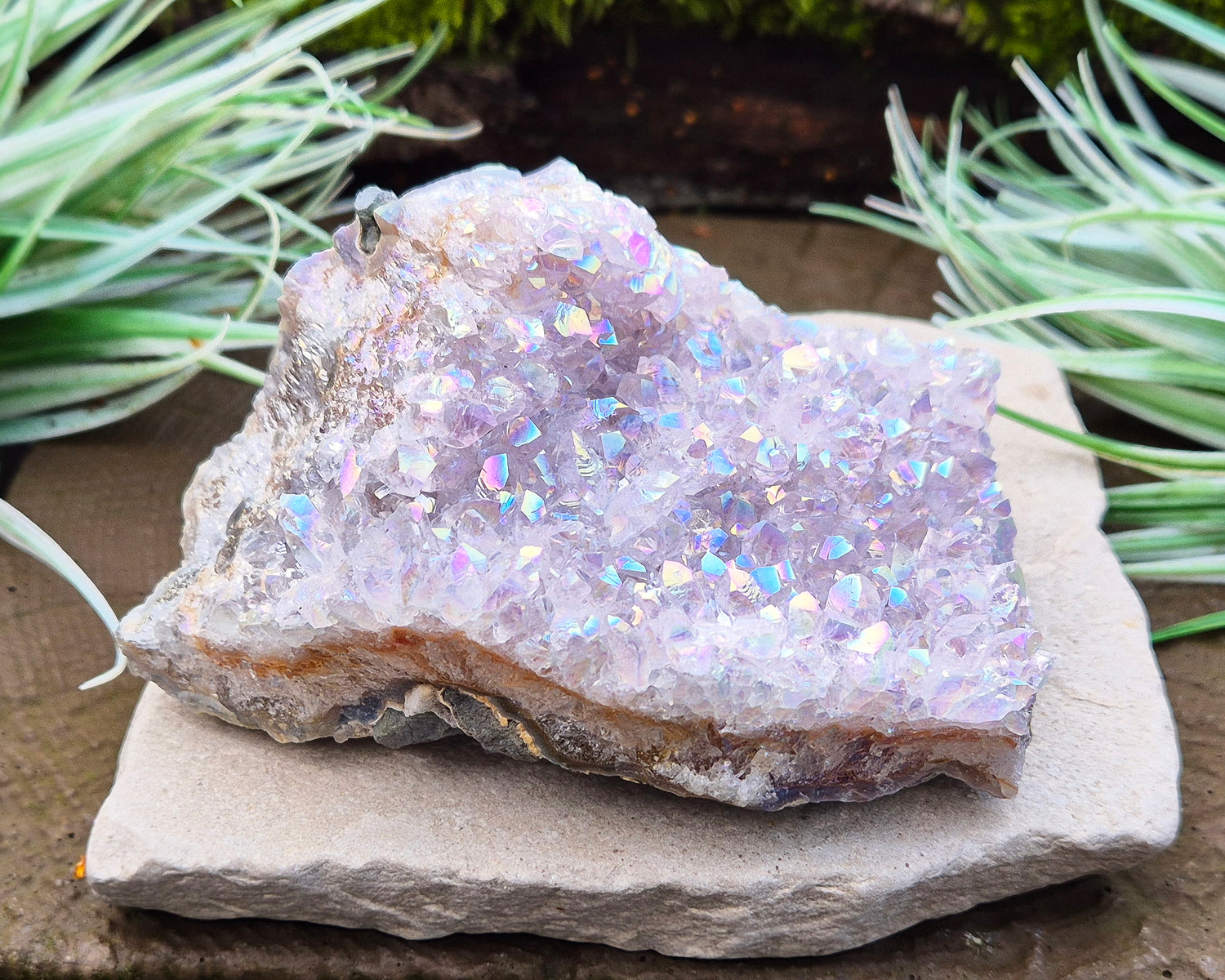 Sparkling Angel Aura Amethyst Crystal Cluster from Brazil. Base is curved but will sit on a flat surace.