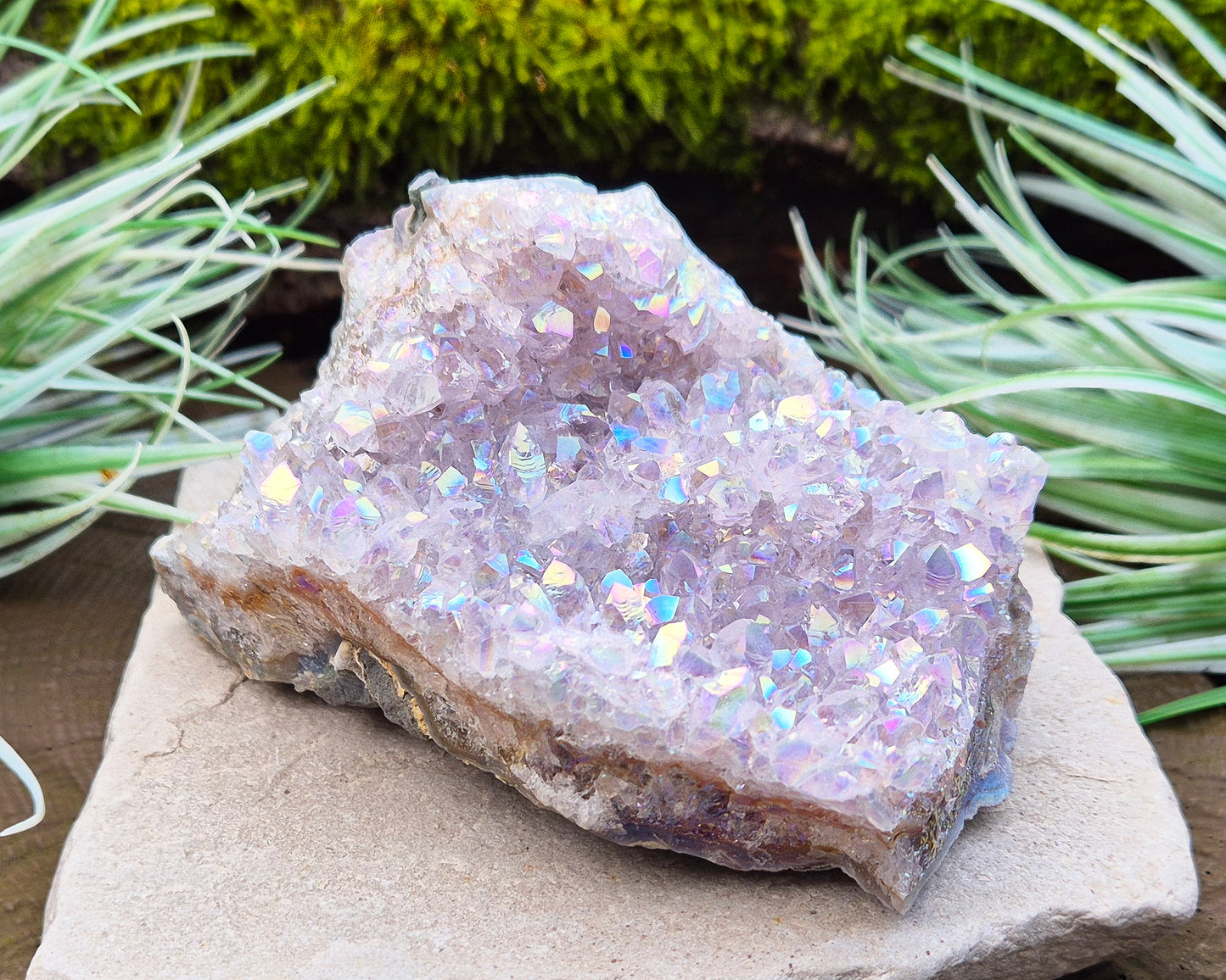 Sparkling Angel Aura Amethyst Crystal Cluster from Brazil. Base is curved but will sit on a flat surace.