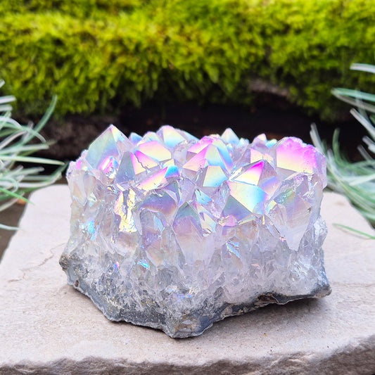 Sparkling Angel Aura Amethyst Crystal Cluster from Brazil. Also known as Rainbow Ametyst and Angel Aura Amethyst.