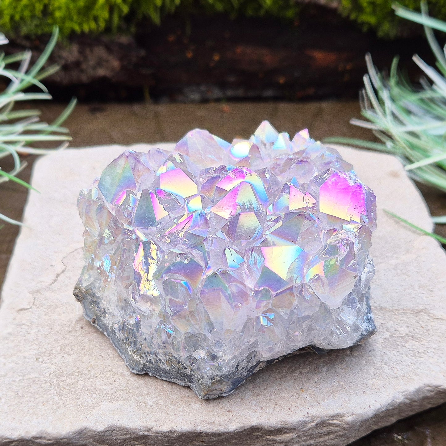 Sparkling Angel Aura Amethyst Crystal Cluster from Brazil. Also known as Rainbow Ametyst and Angel Aura Amethyst.