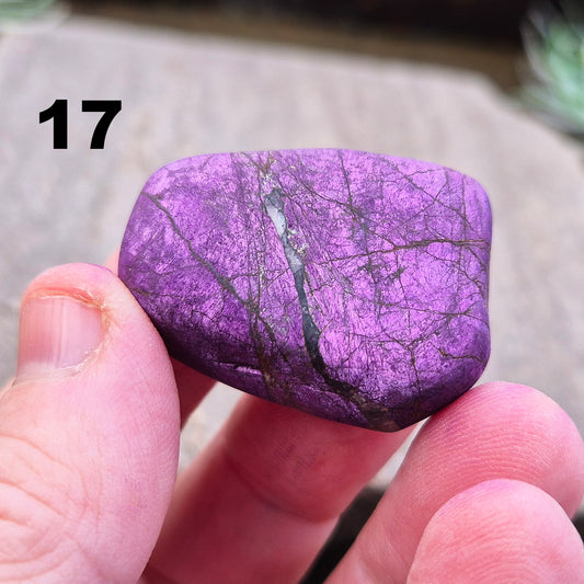 Purpurite. Beautiful purple specimens originating from Namibia. Known for its vibrant purple hue and unique matte, dusty finish. The vibrancy of the purple is shown when its in the light.