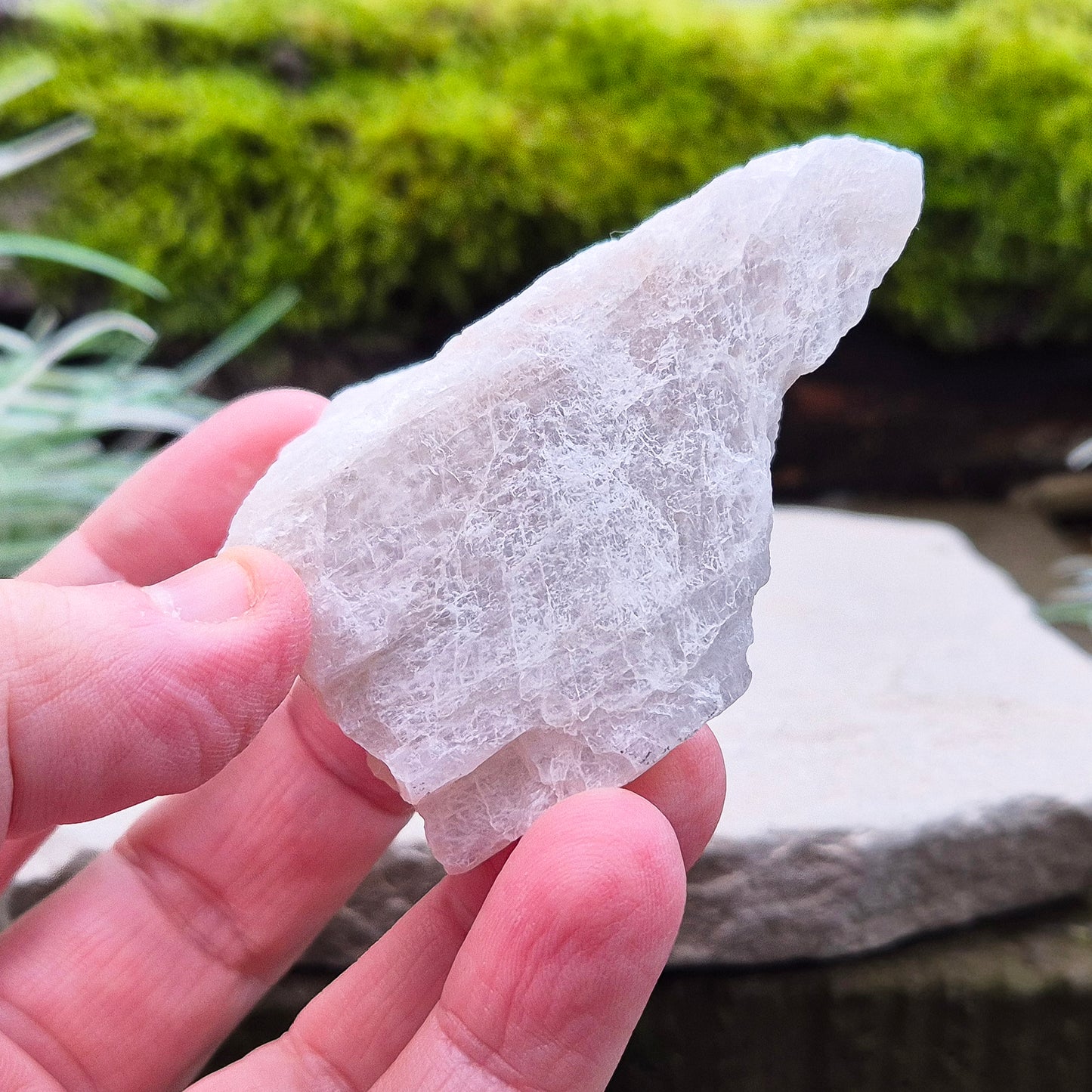 Natural Moonstone (white) crystal. from India. lovely opalescence when light is on the crystal.