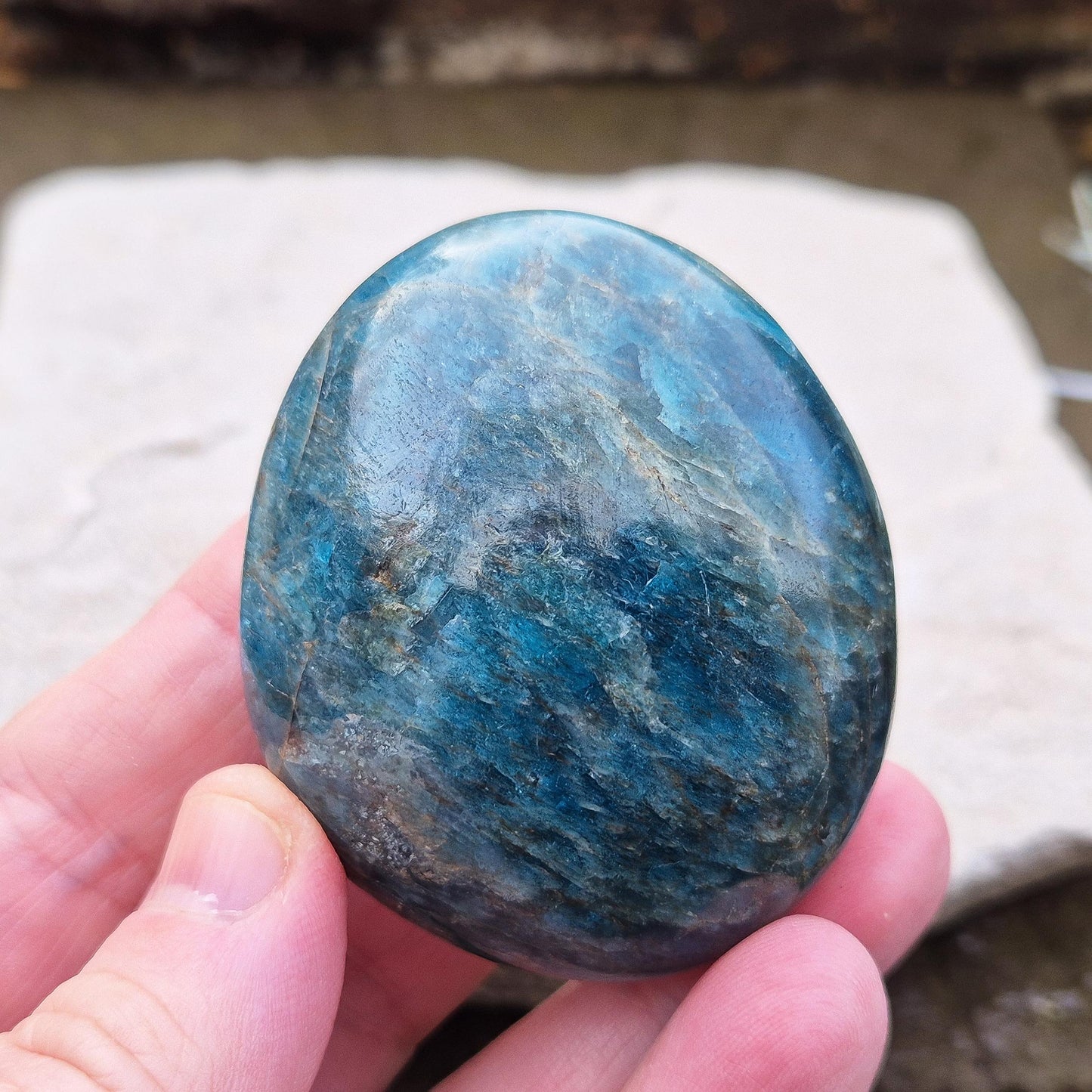 Blue Apatite Pebble, Polished, from Madagascar. Lovely deep teal blue colouring.