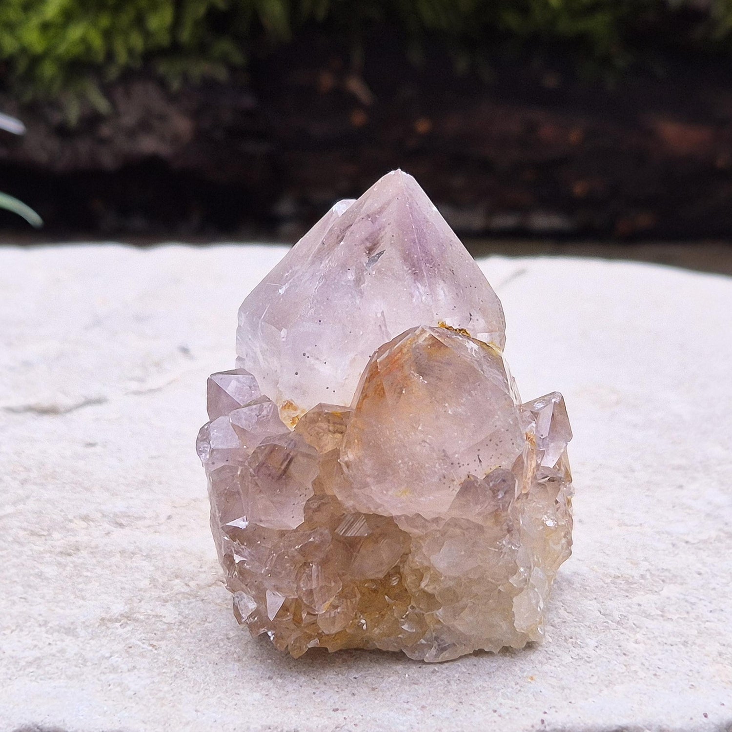 Spirit Quartz Crystal Cluster, also known as Cactus Quartz, originates from north of Pretoria in South Africa’s Gauteng province. This unique crystal features a central quartz point surrounded by smaller druzy quartz crystals.