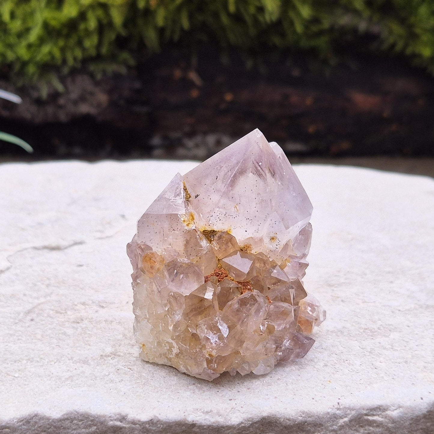 Spirit Quartz Crystal Cluster, also known as Cactus Quartz, originates from north of Pretoria in South Africa’s Gauteng province. This unique crystal features a central quartz point surrounded by smaller druzy quartz crystals.