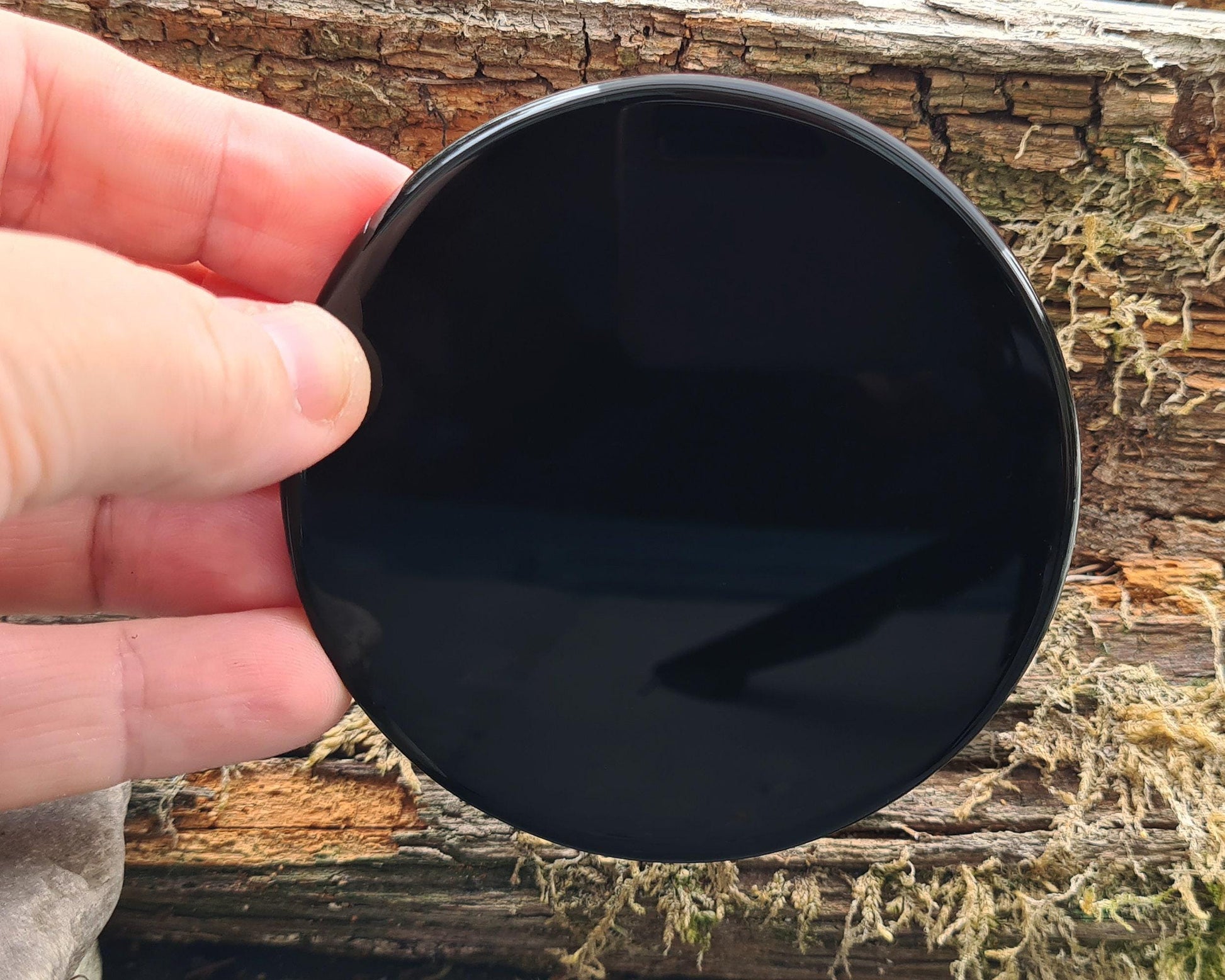 Polished Black Obsidian mirror from Mexico. A striking, high-gloss stone, perfect for reflection, focus, and a unique addition to any collection.