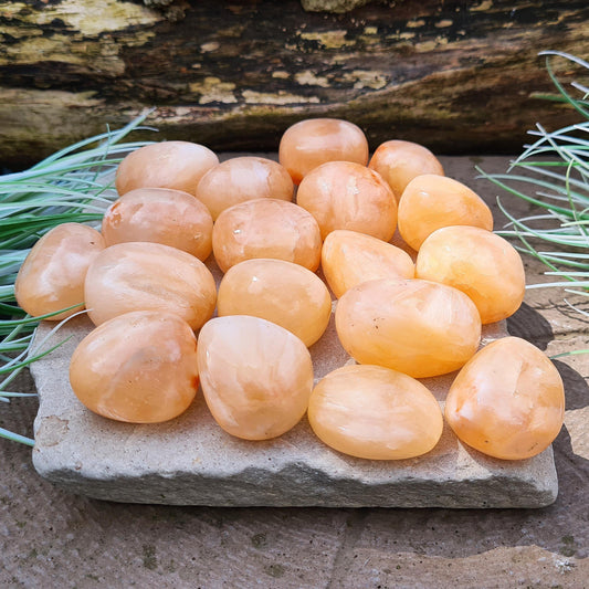 Stilbite Tumble Stone, Crystal, AA grade. From India. Lovely opalescent peach colour.