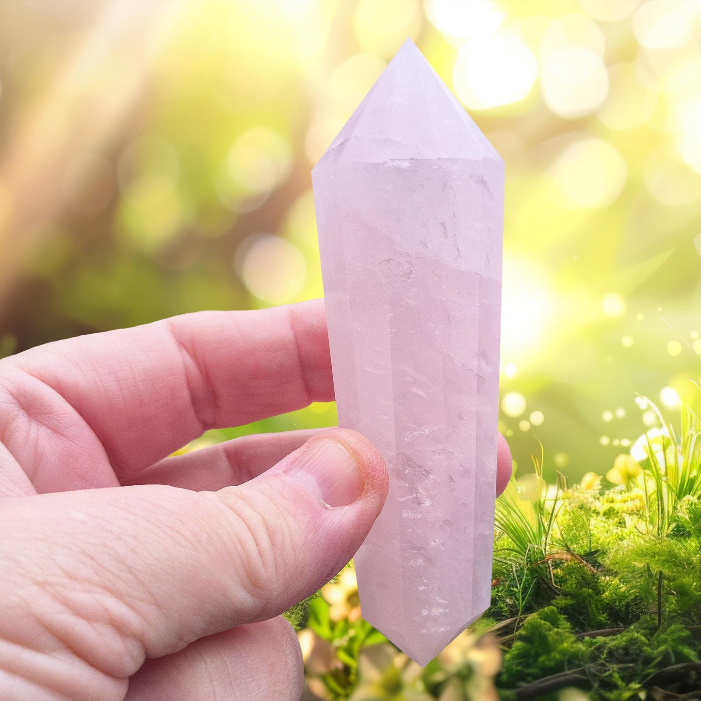 Rose Quartz Double Terminated Vogel Cut Wand from Brazil. Lovely pale pink colouring. 12 sided. One larger end, and one smaller end.