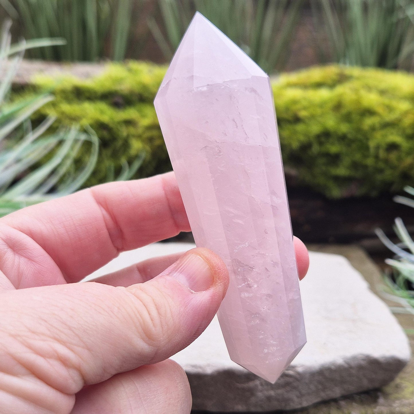 Rose Quartz Double Terminated Vogel Cut Wand from Brazil. Lovely pale pink colouring. 12 sided. One larger end, and one smaller end.