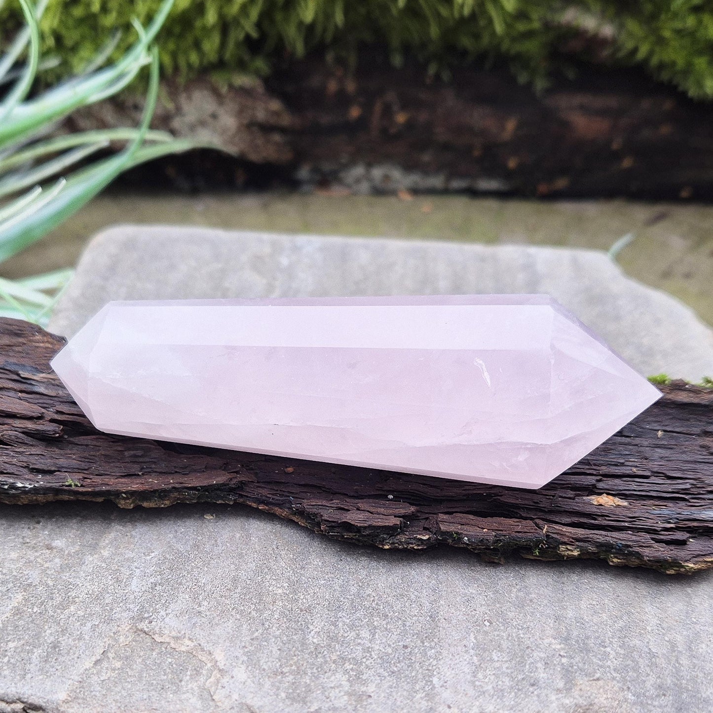 Rose Quartz Double Terminated Vogel Cut Wand from Brazil. Lovely pale pink colouring. 12 sided. One larger end, and one smaller end.