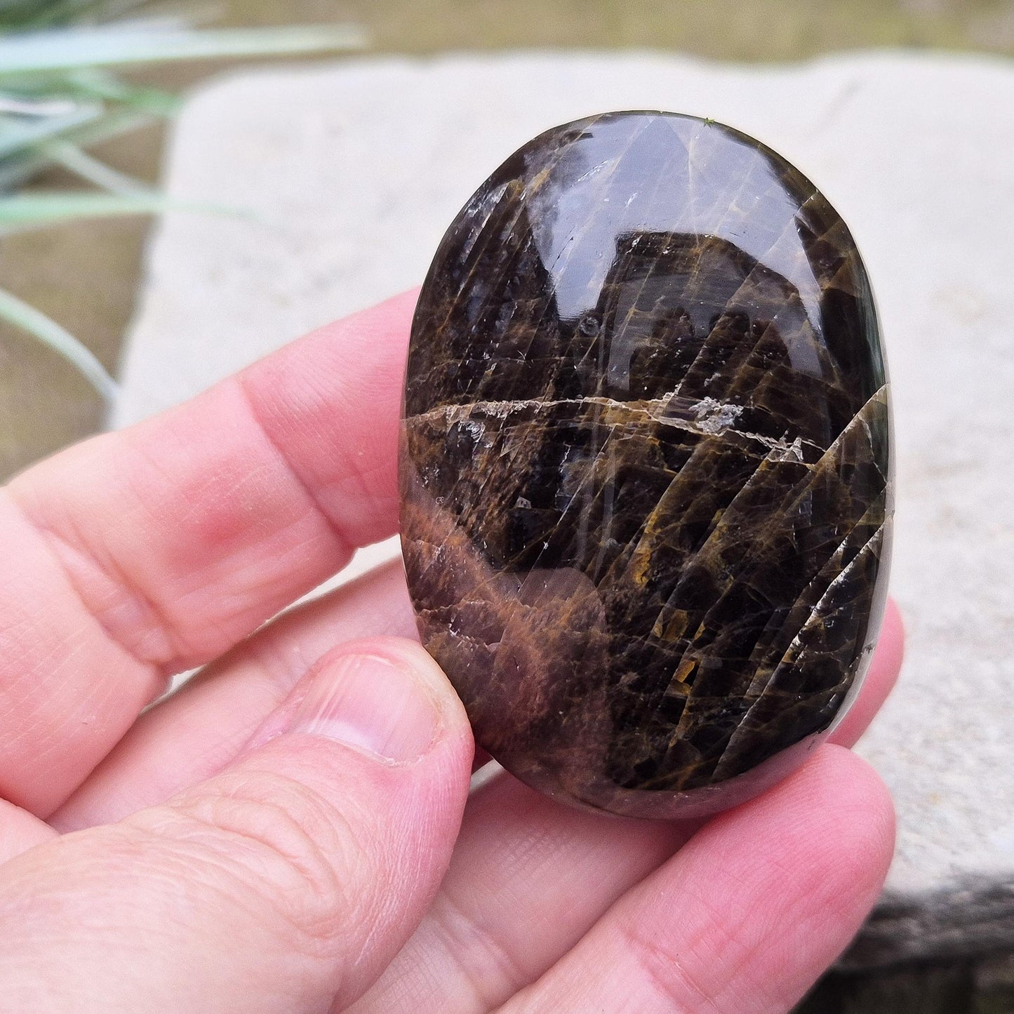 Black Moonstone Palm Stone from Madagascar. Black Moonstone is a variety of moonstone that features dark shades, often with a subtle shimmer. 