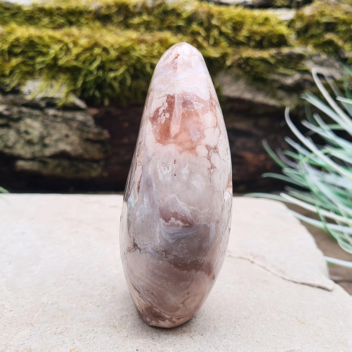 Flower Agate Crystal Free form also called Cherry Blossom Agate or Blossom Agate. A beautiful variety of Pink Chalcedony from Madagascar, featuring distinctive flower-like patterns that resemble blooming blossoms.