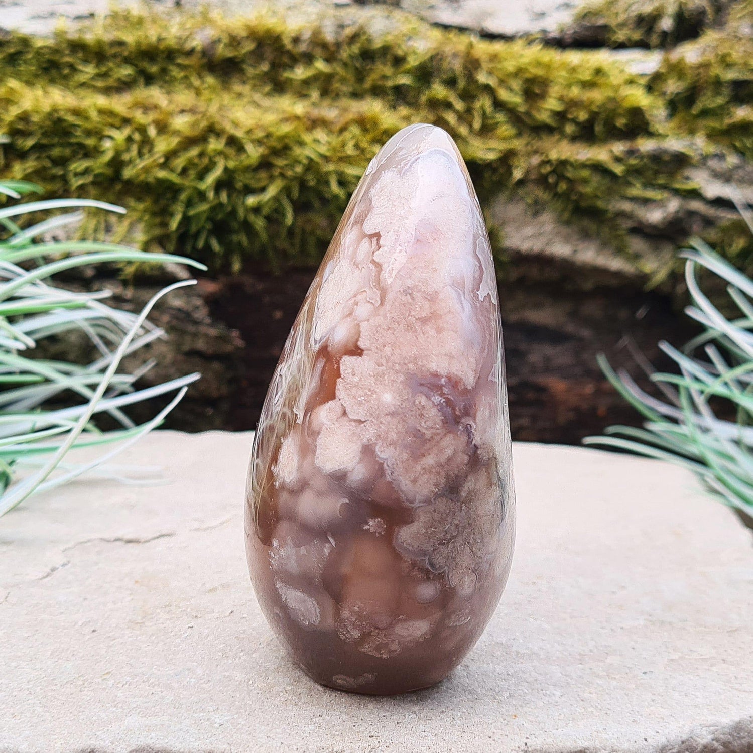 Flower Agate Crystal Free form also called Cherry Blossom Agate or Blossom Agate. A beautiful variety of Pink Chalcedony from Madagascar, featuring distinctive flower-like patterns that resemble blooming blossoms.