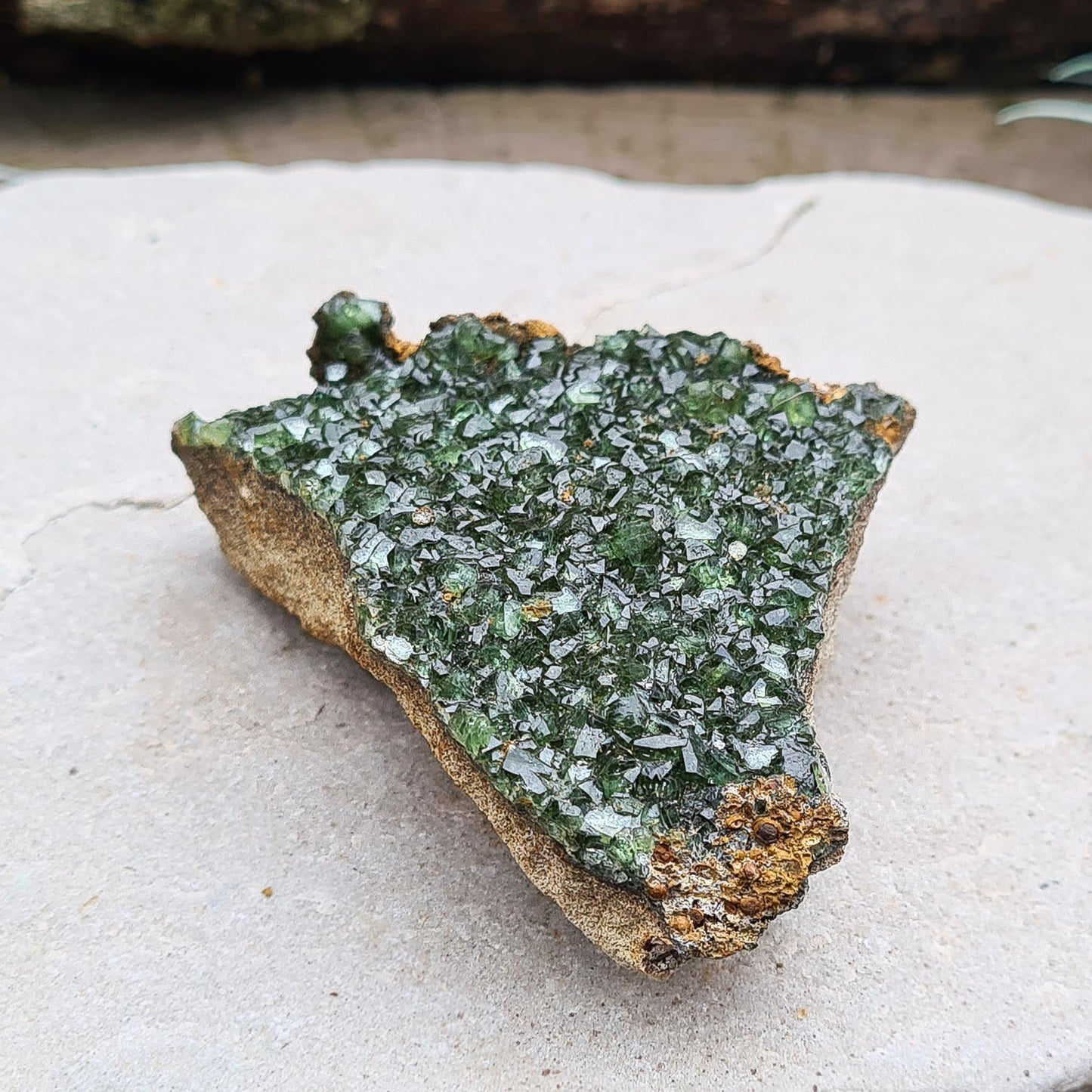 Ludlamite Crystal. Natural in matrix. Ludlamite is a rare phosphate mineral discovered in 1954 and named after the American mineralogist William H. Ludlam. This piece is from São Gabriel da Cachoeira, Amazonas, Brazil. 