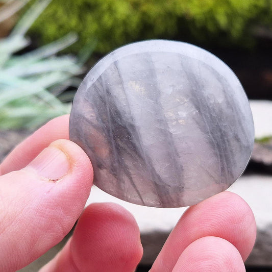 Lunar Quartz Crystal Palm Stone, also known as Lunar Rose Quartz, comes from Namibia.