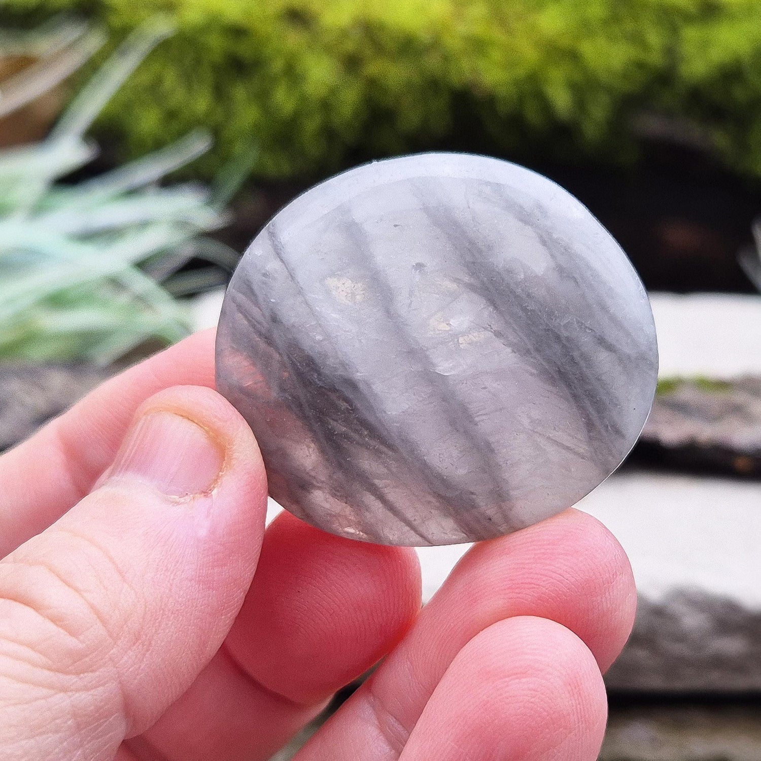 Lunar Quartz Crystal Palm Stone, also known as Lunar Rose Quartz, comes from Namibia.