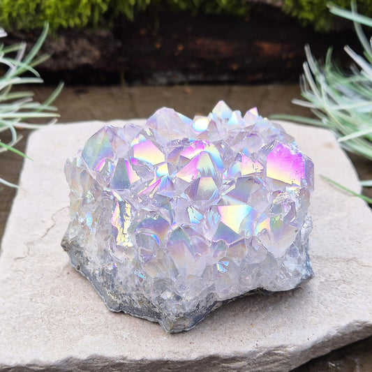 Sparkling Angel Aura Amethyst Crystal Cluster from Brazil. Also known as Rainbow Ametyst and Angel Aura Amethyst.