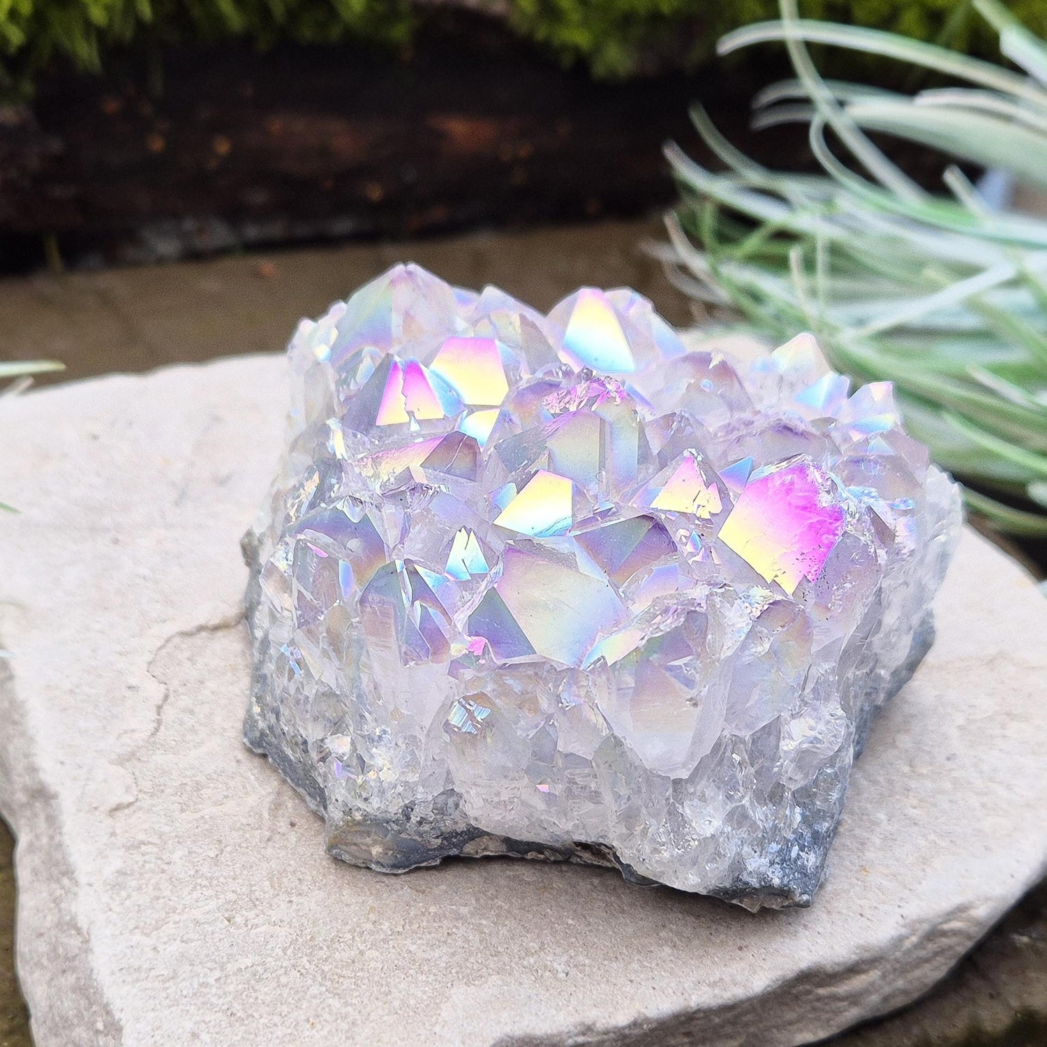 Sparkling Angel Aura Amethyst Crystal Cluster from Brazil. Also known as Rainbow Ametyst and Angel Aura Amethyst.