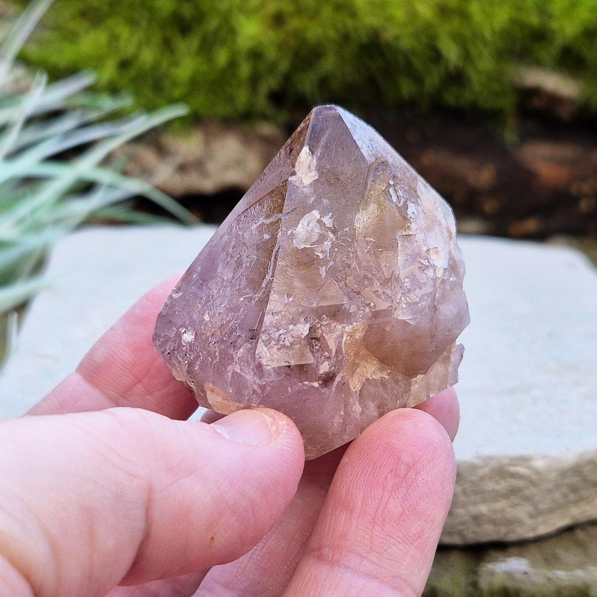 Ametrine Crystal standing point, from the Sichuan Province, China. Color really shows through in the natural light. Polished tip, natural body, cut base.