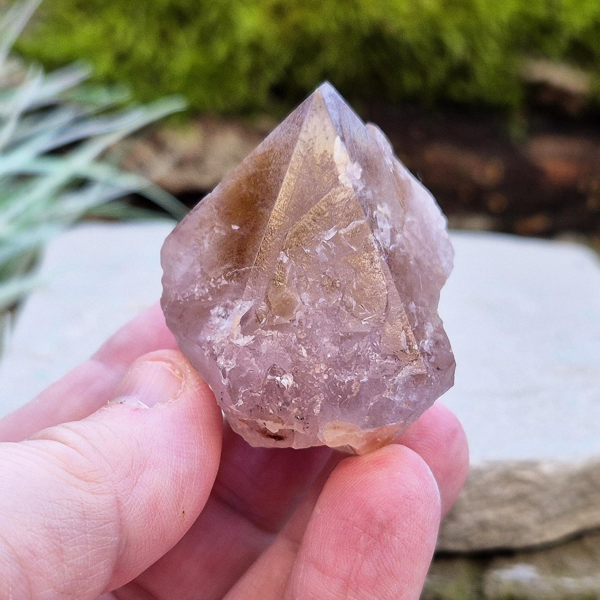 Ametrine Crystal standing point, from the Sichuan Province, China. Color really shows through in the natural light. Polished tip, natural body, cut base.