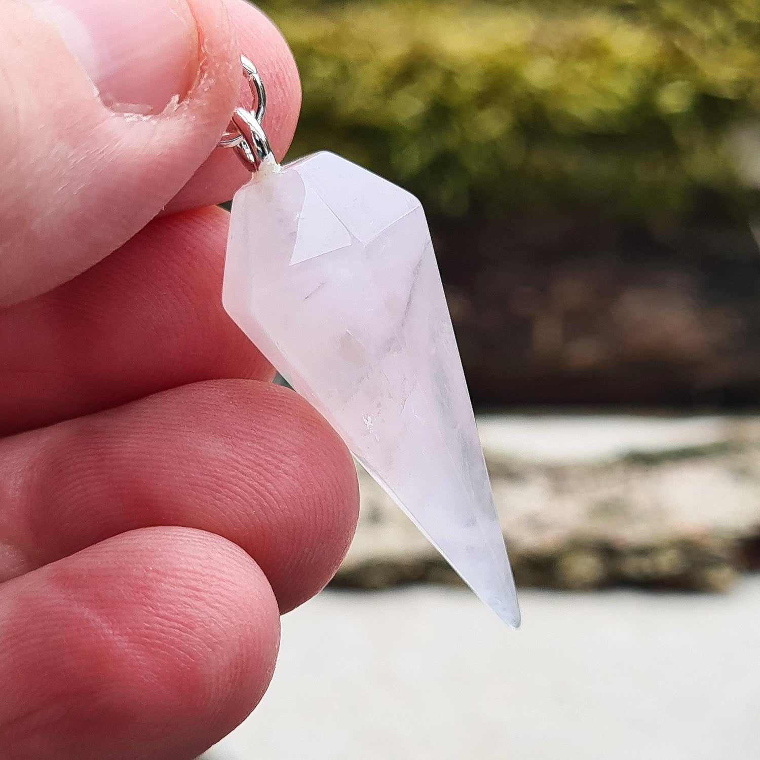 Lunar Rose Quartz Crystal Pendulum or Lunar Quartz Crystal. Is from one source in Namibia. It will come in a box or an organza pouch to keep it in. 