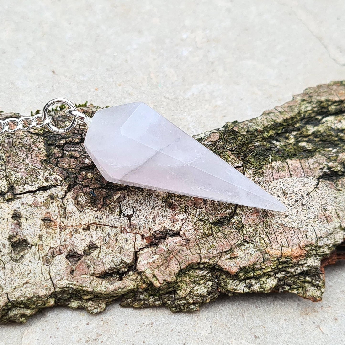 Lunar Rose Quartz Crystal Pendulum, with box or organza pouch to keep it in