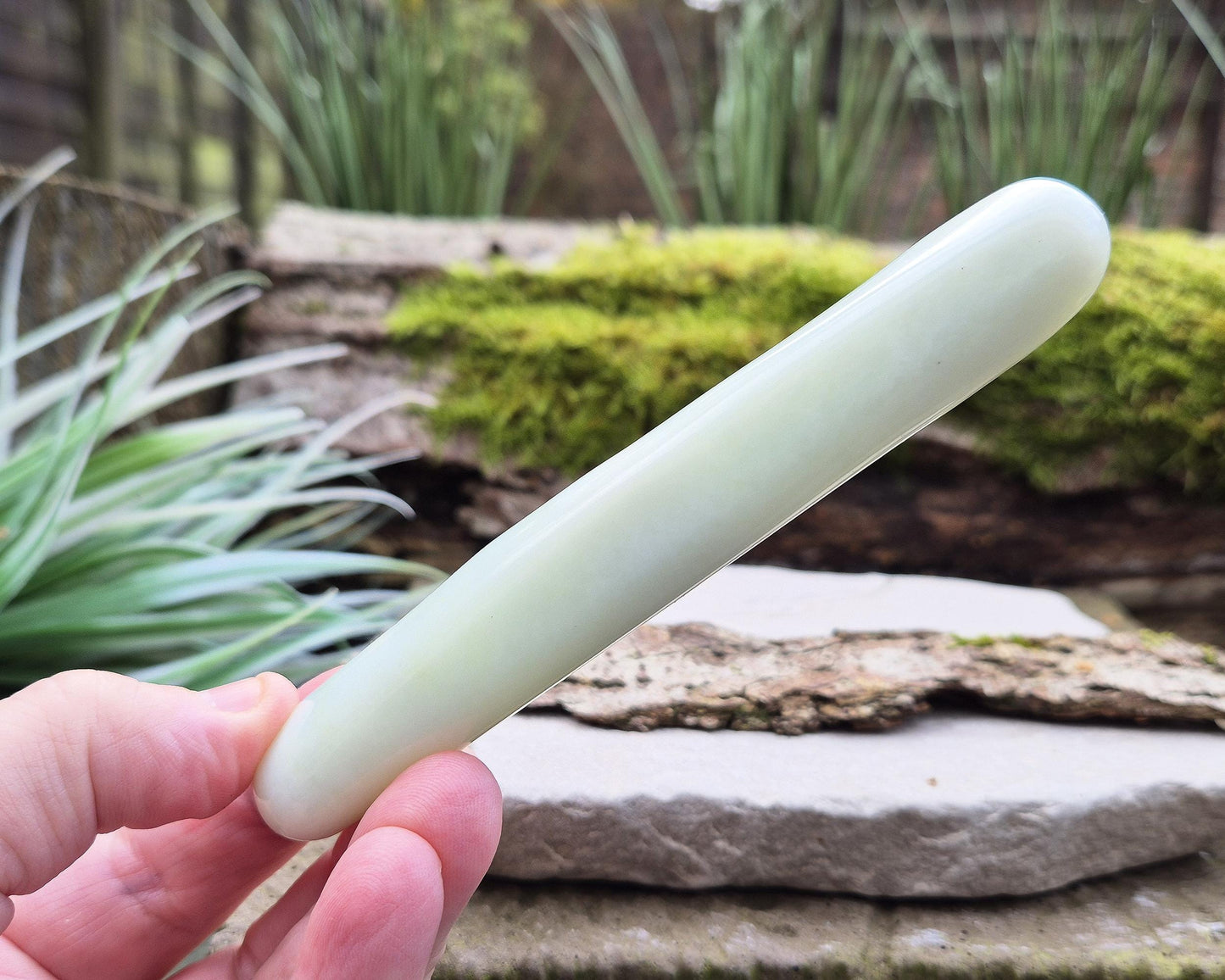 Serpentine Crystal Wand, smooth rounded ends, and a pale green colour. Often refered to as New Jade. From China.