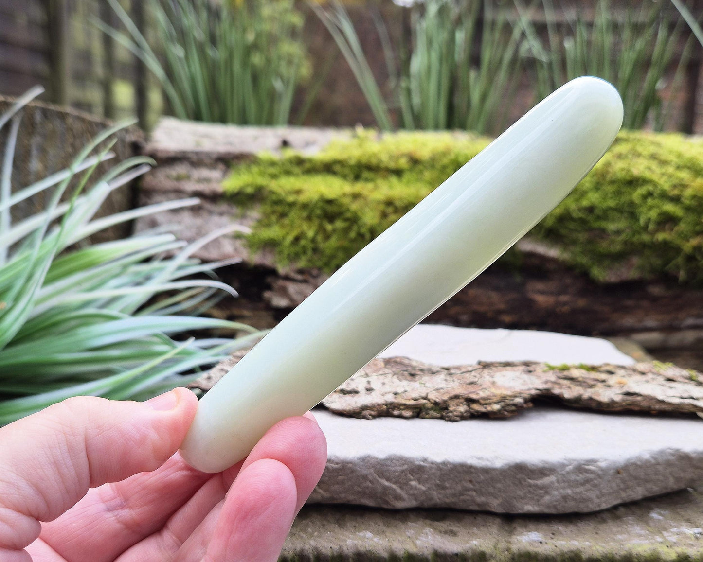 Serpentine Crystal Wand, smooth rounded ends, and a pale green colour. Often refered to as New Jade. From China.