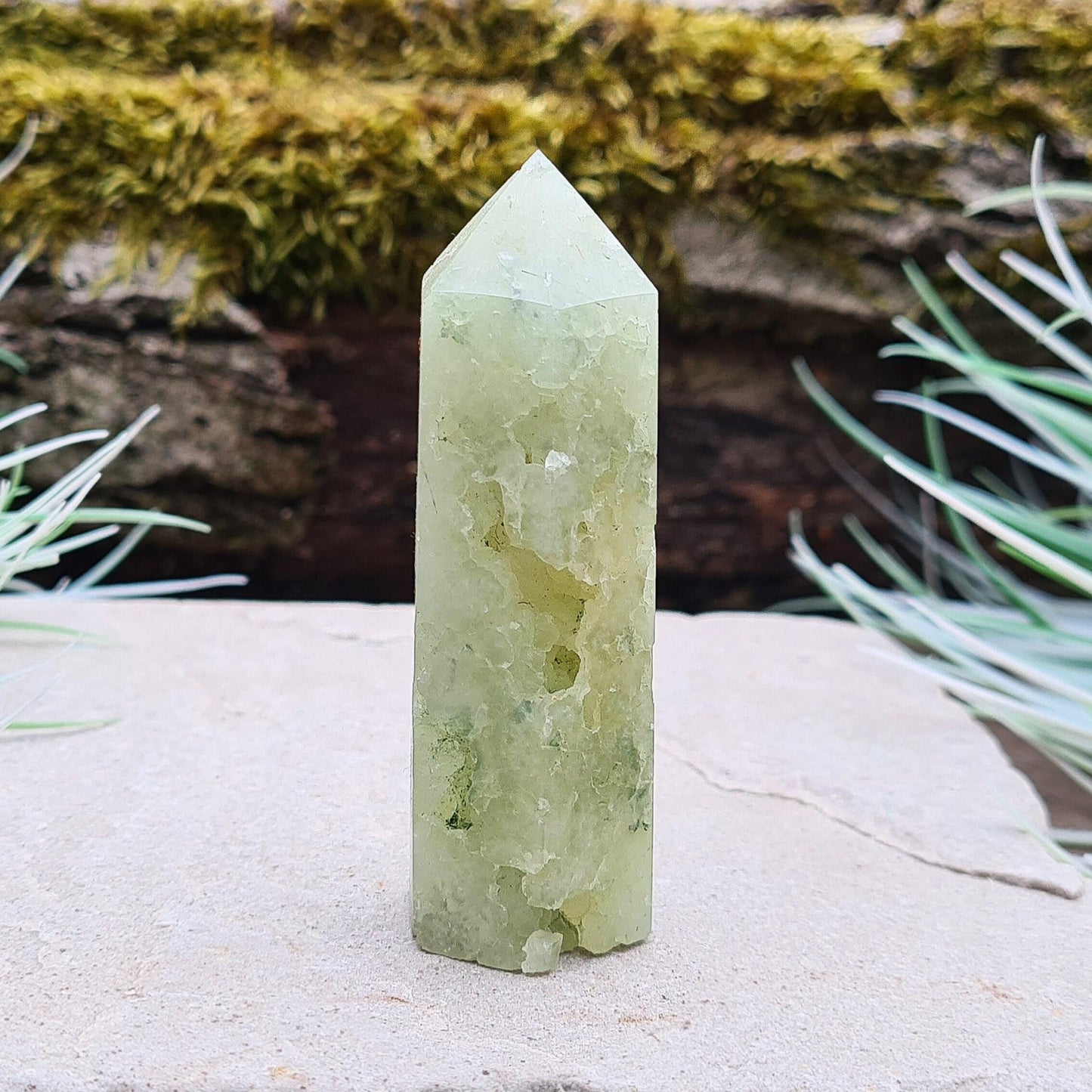 Prehnite Crystal Tower, point is a 6 sided Generator, has lovely natural cavities so you can see the crystalline structure within it. The prehnite is a lovely green. 