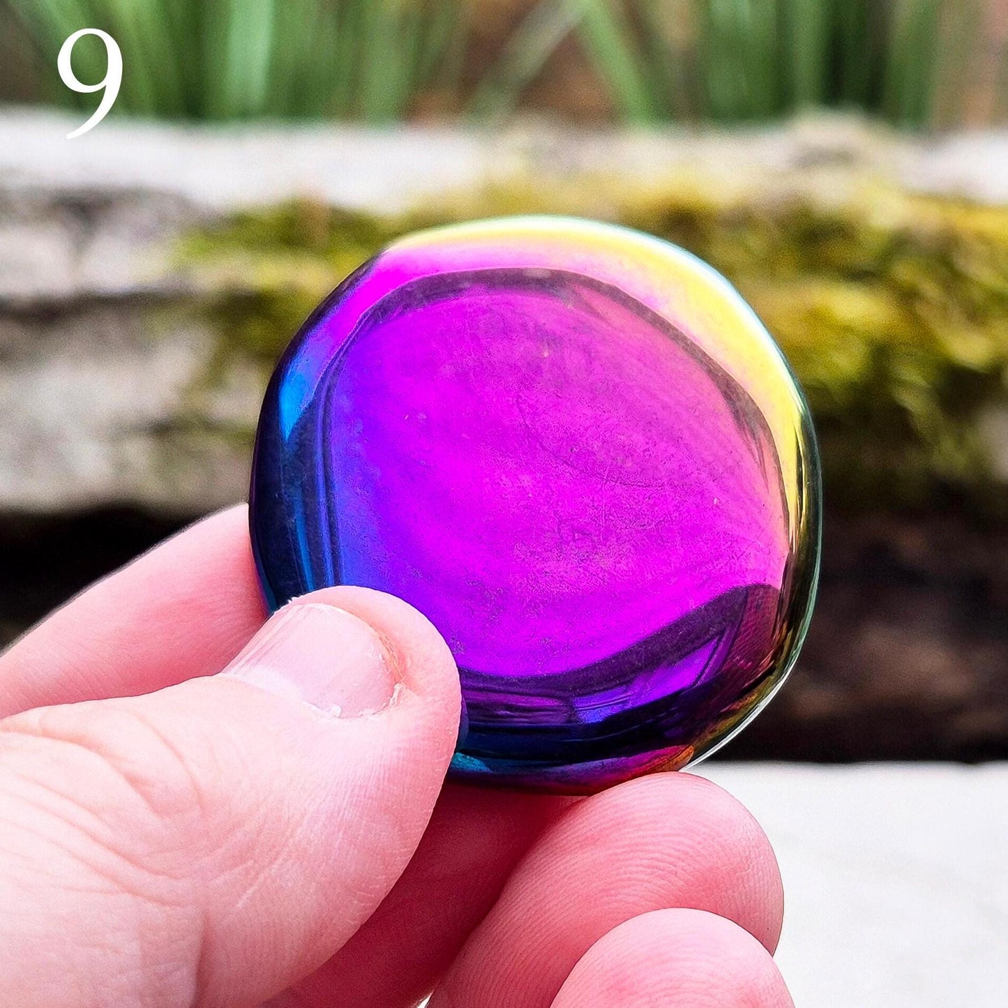 Titanium Aura Obsidian Palm Stone, also known as Rainbow Aura, Mystic Obsidian, Flame Aura, and Dark Rainbow Aura. The Obsidian is from Mexico. 