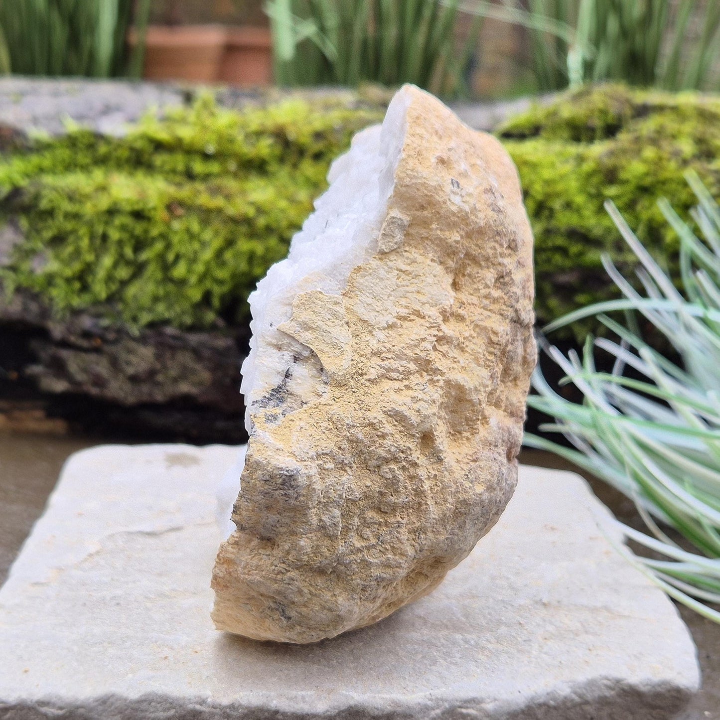 White Quartz Crystal Geode half section, from Morocco. Lovely sparkling white quartz crystal formations and also has 2 areas where there looks to be black quartz, I am assuming a black mineral was present in the geode as the crystalline structure was forming. 