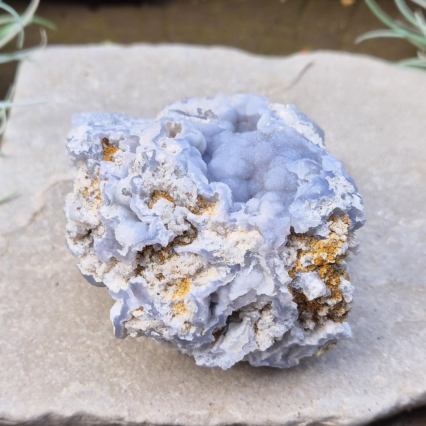 Natural Blue Chalcedony crystal cluster from Peru.