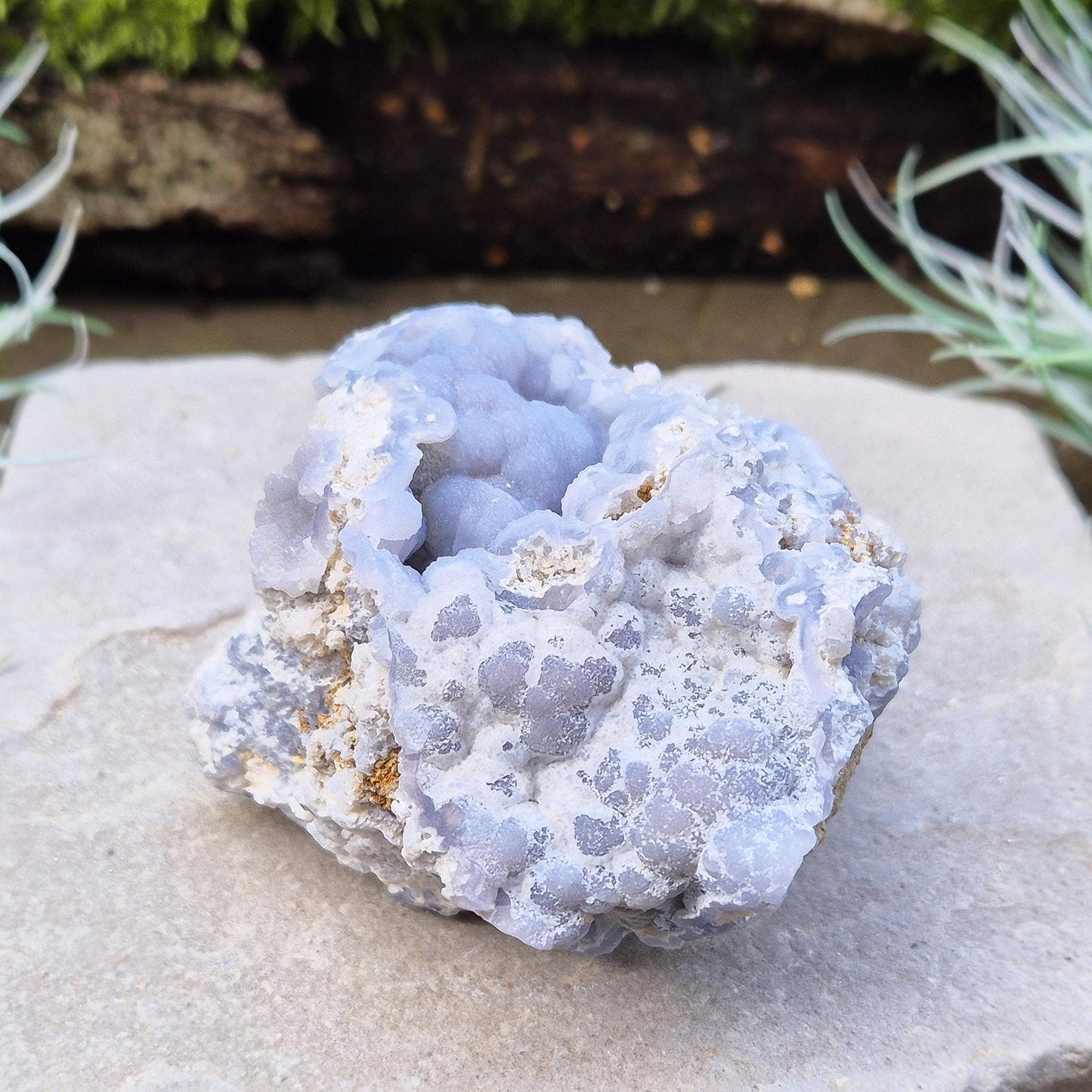 Natural Blue Chalcedony crystal cluster from Peru.