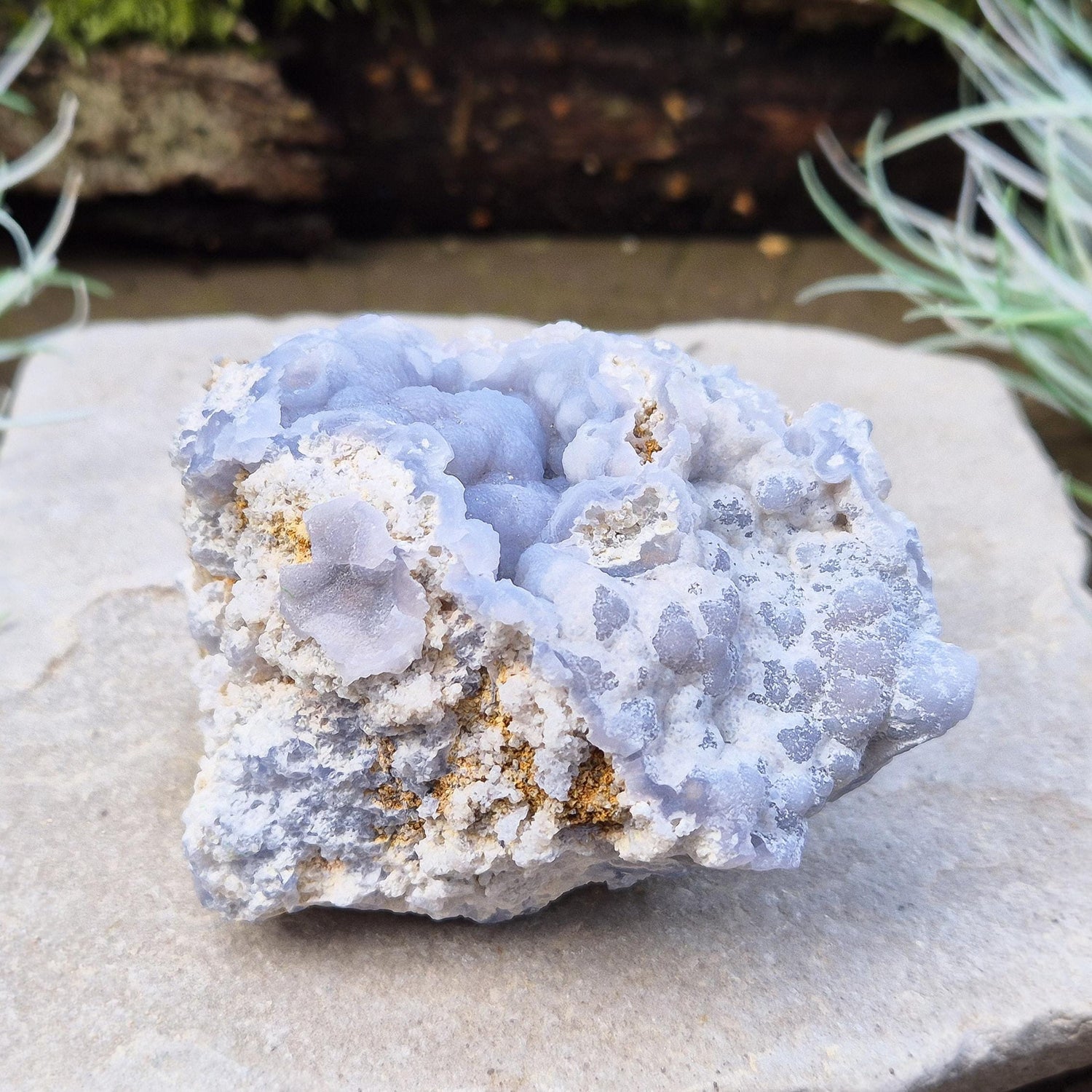 Natural Blue Chalcedony crystal cluster from Peru.